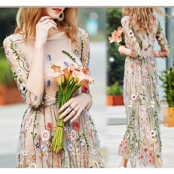 Misslook Mesh Sheer Floral Embroidered Dress Boho Cottagecore Midi 3/4 Sleeve 12 - Picture 6 of 16